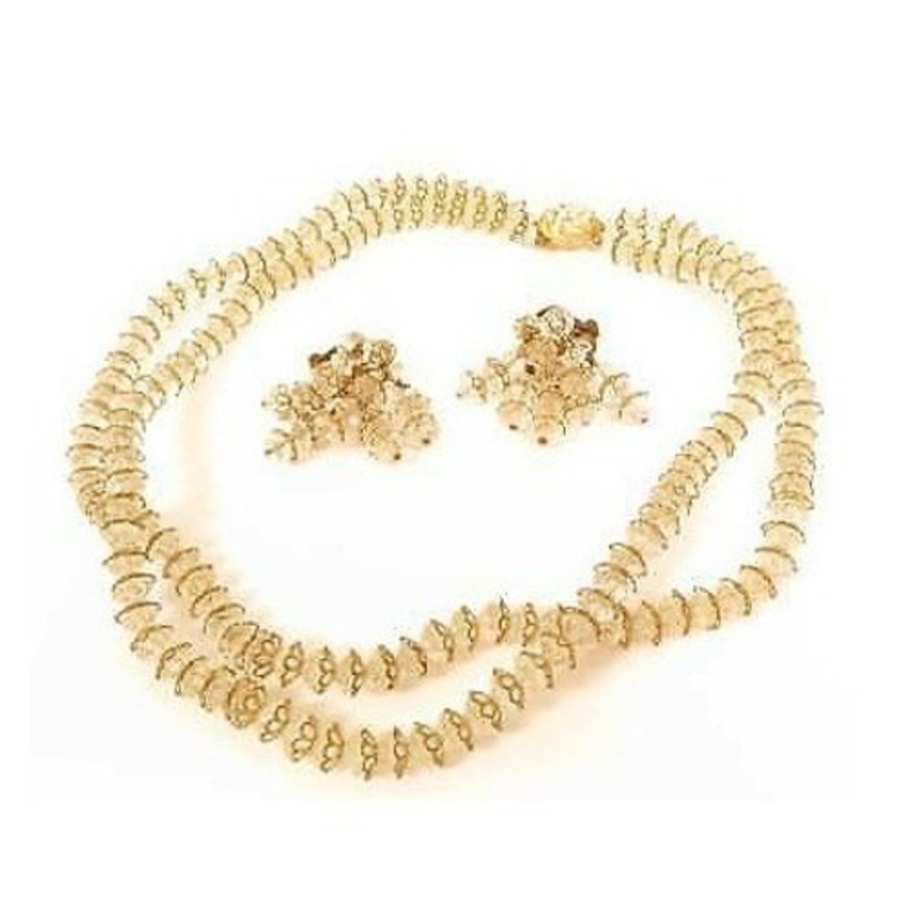 Vintage Briolette Clear Crystal Brass Filigree Necklace & Earring Demi Set*F300